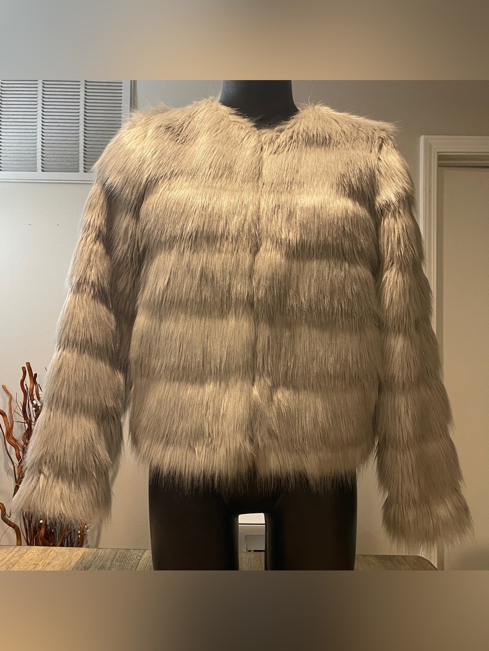 H&M Faux Fur Teddy Jacket in Taupe Beige, Size Small